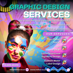 Rethar Osman Abdullah, a certified web developer and designer offering web design, web development, e-commerce solutions, graphic design, logo creation, and WhatsApp order forms. Holds certifications in Full-Stack Development, APIs, Back-End & Front-End Development, Django Web Framework, Python Specialization (University of Michigan), WordPress Masterclass, Divi, and Elementor. Skilled in HTML, CSS, JavaScript, Python, SQL, and version control tools like Git and GitHub. Contact: me@rethar.co.za | 068 337 7223 | Founder NeptuneLabs Digital Media