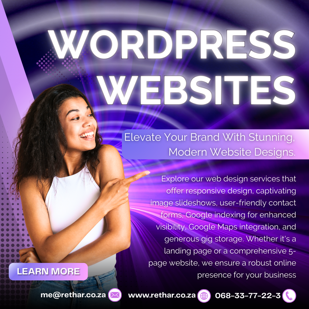 Rethar Osman Abdullah, a certified web developer and designer offering web design, web development, e-commerce solutions, graphic design, logo creation, and WhatsApp order forms. Holds certifications in Full-Stack Development, APIs, Back-End & Front-End Development, Django Web Framework, Python Specialization (University of Michigan), WordPress Masterclass, Divi, and Elementor. Skilled in HTML, CSS, JavaScript, Python, SQL, and version control tools like Git and GitHub. Contact: me@rethar.co.za | 068 337 7223 | Founder NeptuneLabs Digital Media